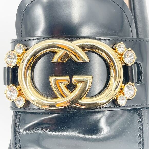 Gucci Black Glossy Leather Romance Interlocking GG Crystal Lug Sole Loafer EU 39 - Picture 7 of 16